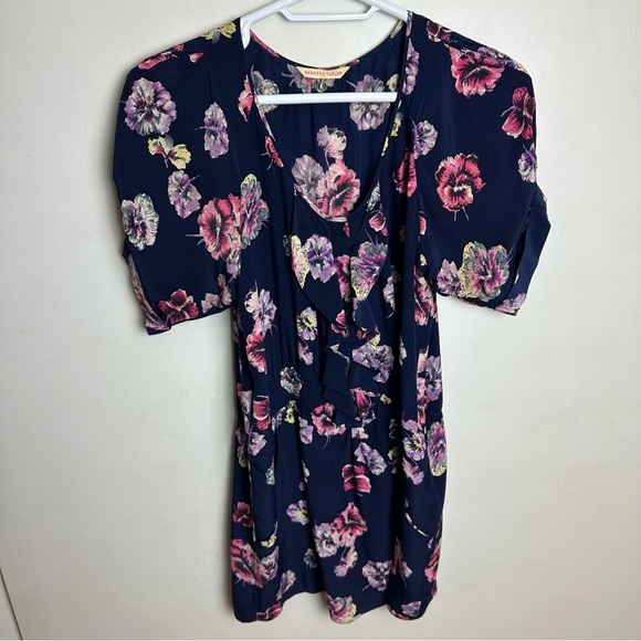 Rebecca Taylor 100% Silk Dress Women's Size 12 Floral Navy Blue Pockets - Picture 1 of 11